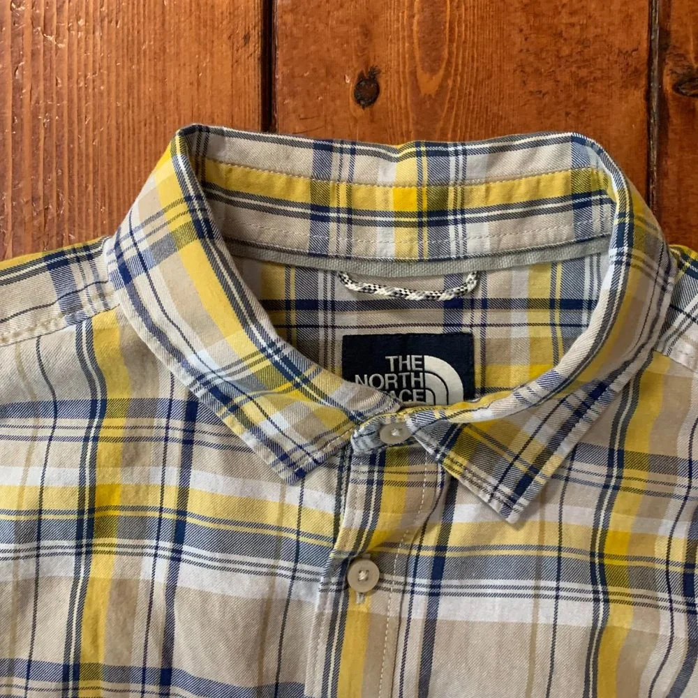 The North Face Men's Yellow Blue Plaid Long Sleeve Medium Button Down Shirt EUC
